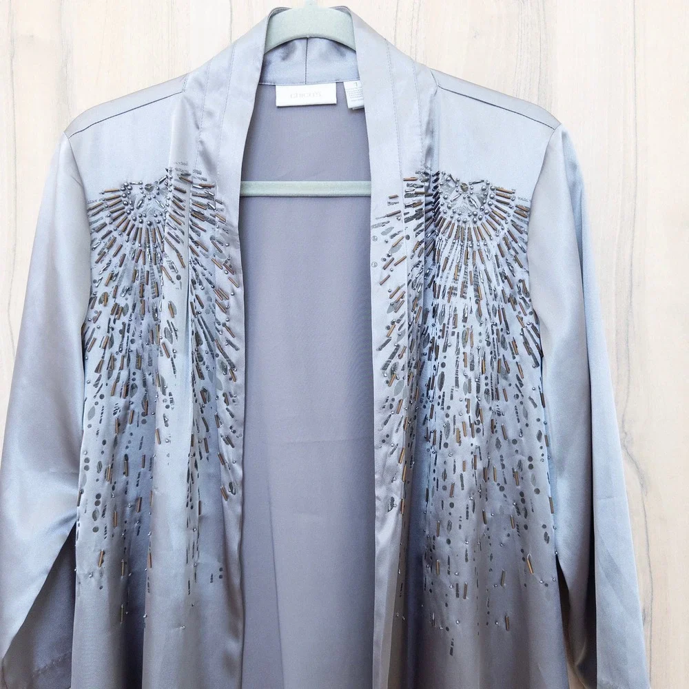 Chicos Womens Beaded Sunrise Jacket Size‎ M Silver Open Front Quiet Luxury Chic